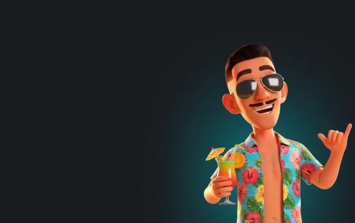 O mesmo mascote 3D de bigode, de camisa florida e drinque na mão, na coleção Férias