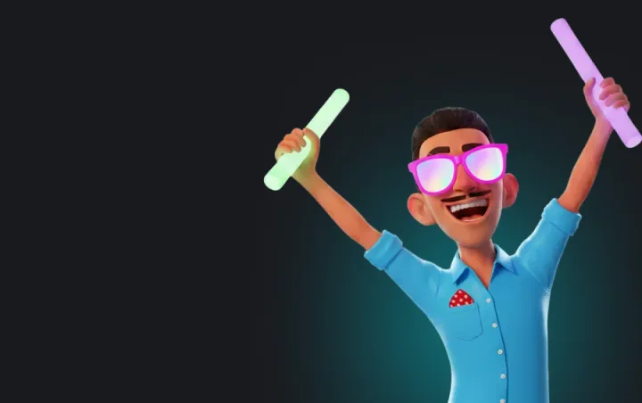 O mesmo mascote 3D de bigode, de óculos neon rosa e bastões luminosos, na coleção Festa