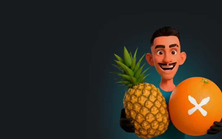 O mesmo mascote 3D de bigode segurando um abacaxi e uma laranja, na coleção Frutas