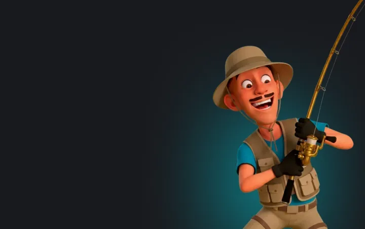 O mascote 3D de bigode da Receba Bet vestido de pescador, com chapéu e vara, na coleção Pesca