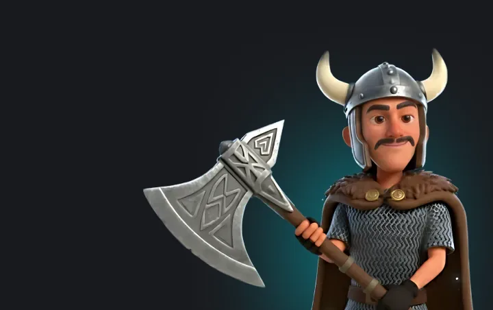 O mesmo mascote 3D de bigode com elmo de chifres e machado, na coleção Vikings