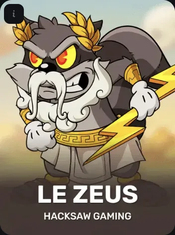 Capa do Le Zeus, da Hacksaw Gaming: gato cinzento de coroa de louros e raio, na Receba Bet